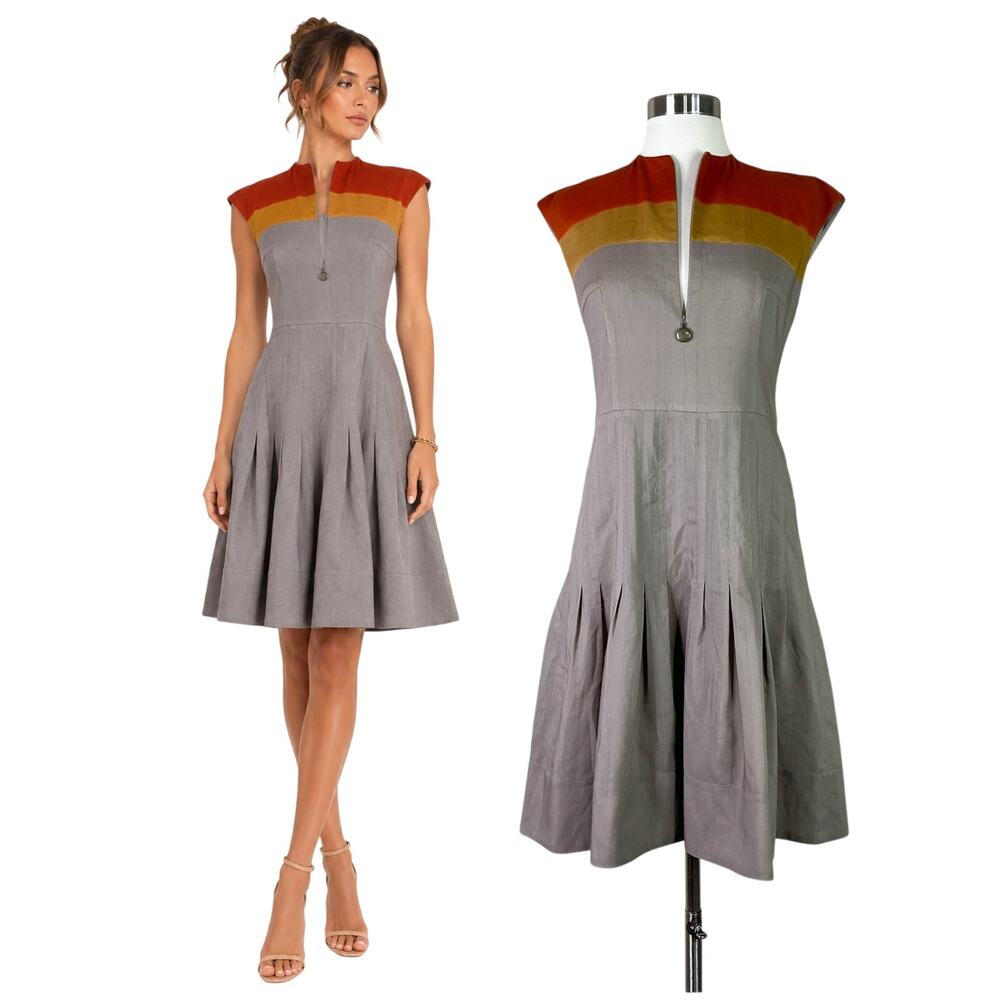Akris Punto | Wool Gray Rust Mustard Stripe Designer Pleated Fit Flare Dress 6